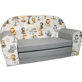 Pohovka Dětská rozkládací MINI pohovka Africká zvířátka - bílá/šedá