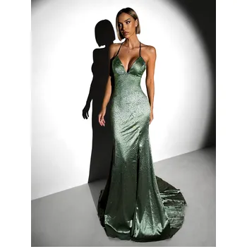 Dámské šaty Zelené plesové dlouhé třpytivé šaty ELUREYA s rozparkem Velikost: XL