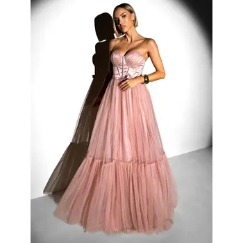 Dámské šaty Starorůžové plesové společenské tylové šaty DELARIL s mašlí Velikost: S