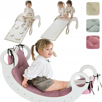 Dětská houpačka Houpačka GUGI dřevěná šedá s lezeckou stěnou, skluzavkou a polštářem