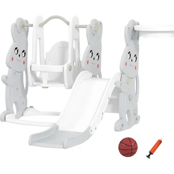 Dětská houpačka AIYAPLAY hrací set 4 v 1 pro batolata, skluzavka, houpačka, prolézačka, basketbalový koš, plast, design králíčka, šedá barva