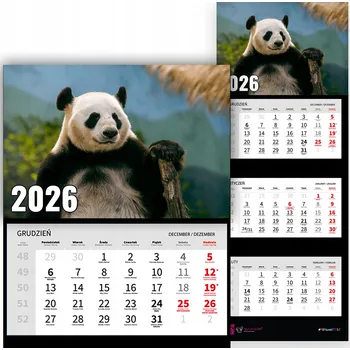 Kalendář Nástěnný Trojdílný Kalendář na Rok 2026 Kancelářský Příroda Panda Mix Vzorů