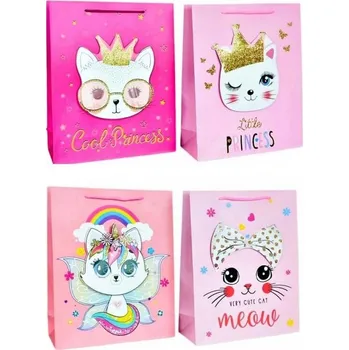 Dárková taška Papírová taška W&K kočka v brýlích 42x30x20 cm růžová