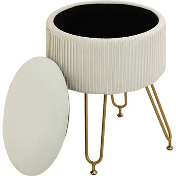 Taburet HOMCOM úložný taburet 2 v 1 s kovovými nohami, kulatá podnožka do obývacího pokoje, ložnice, předsíně, krémově bílá