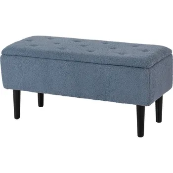 Taburet HOMCOM Čalouněná lavice s úložným prostorem, sedací truhla, kašmírový vzhled, do 120 kg, rám z přírodního dřeva, 95 x 38 x 45 cm, modrá barva