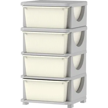 Úložný box HOMCOM Úložné boxy pro děti, 4 velké zásuvky, oblé hrany, plast, 37x37x76 cm, krémově bílá