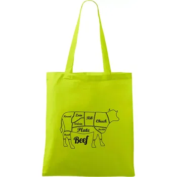 Kráva nákres rozřezání Anglicky - Taška bavlněná - 42 x 38 cm ( Limetková )