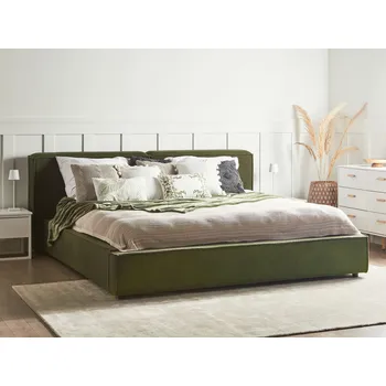 Postel Postel čalouněná tmavě zelené buklé 180 x 200 cm s roštem a silným čalouněným čelem ložnice Beliani