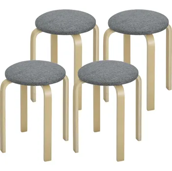 Taburet HOMCOM Čalouněná sada 4 taburetů, stohovatelná, lakovaný povrch, dřevěné nohy, šedá barva