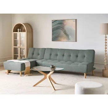 Pohovka Rohová pohovka zelená látkové čalounění nohy ze světlého dřeva pravostranná s lenoškou 3místná skandinávský styl obývací pokoj Beliani