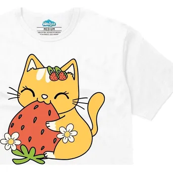 Pánské tričko Pánské tričko Roztomilá Kočka s Jahodou (Velikost: M, Barva: Bílá)