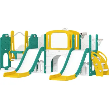 Dětská houpačka AIYAPLAY Skluzavka a houpačka 9 v 1 pro batolata, s basketbalovým košem, teleskopem, kreslicí tabulí, design žáby, žlutá+zelená barva