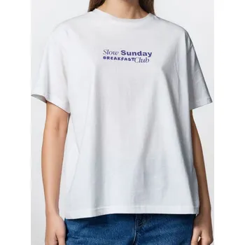 Dámské oblečení Sinsay - Bavlněné oversize tričko s potiskem - krémová - 758IN-01X - 758IN-01X-XS