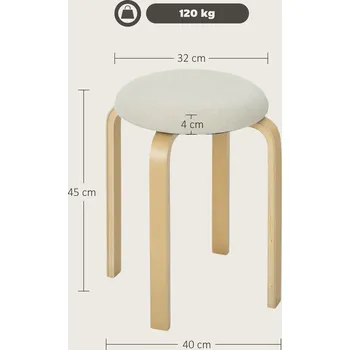 Taburet HOMCOM Čalouněný taburet, sada 4 kusů, stohovatelný, lakovaný povrch, dřevěné nohy, krémově bílý
