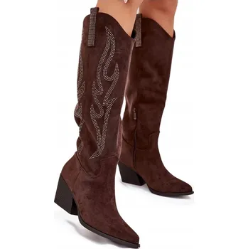 Dámské kozačky KOZAČKY KOVBOJSKÉ BOTY Z EKO SEMIŠE S OZDOBOU KE KOLENŮM, NATAHOVACÍ, ČOKOLÁDOVÉ, VELIKOST 40
