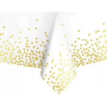 ubrus Jednorázový ubrus bílý s motivem zlatých teček, konfety, na narozeniny, 137 x 274 cm