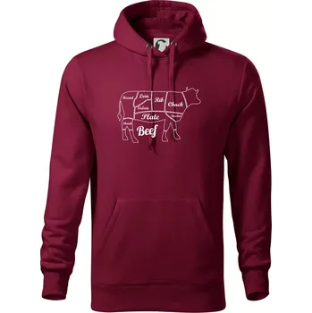 Pánská mikina Kráva nákres rozřezání Anglicky - Mikina pánská Cape s kapucí - 5XL ( Garnet )