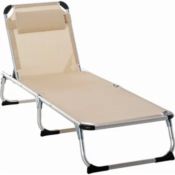 Zahradní lehátko Outsunny skládací zahradní lehátko s polštářem pod hlavu ergonomické relaxační lehátko se 4stupňovým nastavitelným opěradlem hliník do 120 kg nosnost pro zahradu, terasu, bazén, pláž, béžová barva
