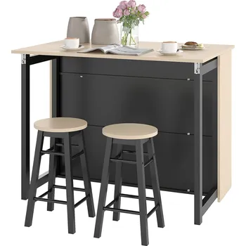 Jídelní set HOMCOM 3dílný barový set, barový stůl se sklopnou deskou, 2 barové židle, 6 odkládacích prostorů, černá+dub, 116 x 70 x 89,5 cm