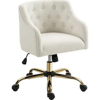 HOMCOM Čalouněná kancelářská židle, kancelářská židle ve vzhledu lnu, nohy ve zlaté barvě, výškově nastavitelná, béžová barva