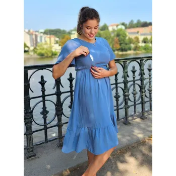 Těhotenské šaty Mama L'amour Mušelínové těhotenské a kojící šaty 3v1 Lory modré bavlněné Velikost: L