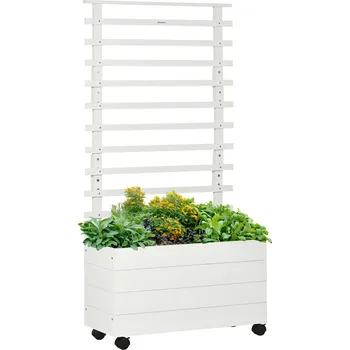 Truhlík na květináče Outsunny s mříží, 4 kolečka, přírodní dřevo, nátěr odolný proti povětrnostním vlivům, bílý, 76 x 30 x 155 cm