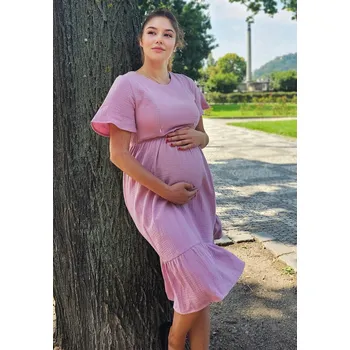 Těhotenské šaty Mama L'amour Mušelínové těhotenské a kojící šaty 3v1 Lory starorůžové lila bavlněné Velikost: S