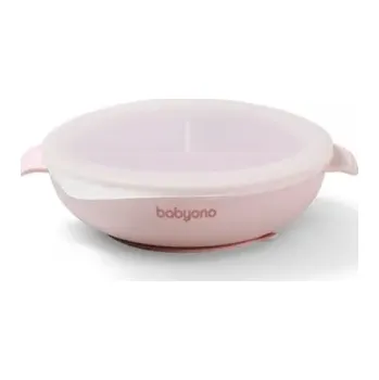 BabyOno Silikonový talířek s přísavkou a víčkem - růžový