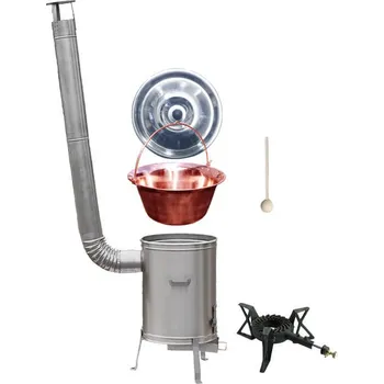 Kempingové nádobí Měděný kotlík 30 L (1,2 mm) + nerezová kotlina 42 cm + litinový hořák 7 kW, vařečka LUX