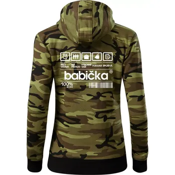 Dámská mikina Čárový kód babička - Dámská mikina trendy zipper s kapucí - S ( Zelený maskáč )