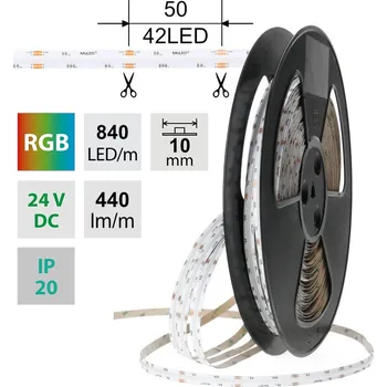 LED páska LED pásek COB RGB, 840LED/m, 15W/m, DC 24V, 440lm/m, IP20, modul 50mm, 10mm, 50m