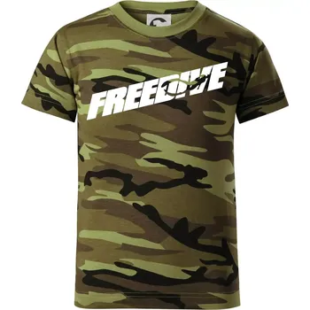 Freedive - nápis s potápěčem - Dětské maskáčové triko - 134 cm/8 let ( Zelený maskáč )