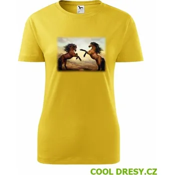 Dámské tričko Tričko s koňmi dámské - Barva: žlutá, Velikost L