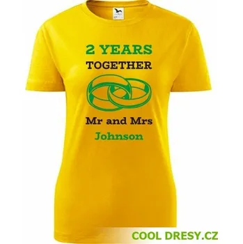 Dámské tričko k výročí svatby - Mr and Mrs - žluté prstýnky - Barva: žlutá, Velikost M