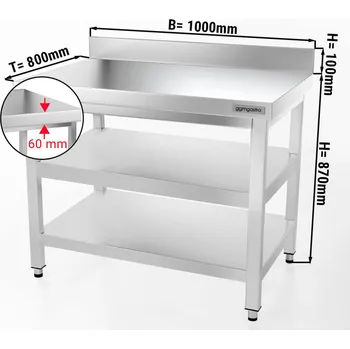 Jídelní stůl G.Gastro Pracovní stůl PREMIUM z nerezové oceli - 1,0 m - se spodní policí & mezipolicí