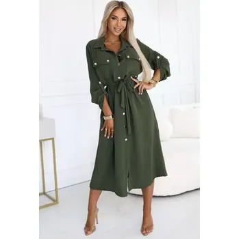 Dámské šaty Numoco košilové šaty se zlatými knoflíky a zavazováním, propínací 531-5 khaki -univerzální (pro velikost: S,M i L) (univerzální)