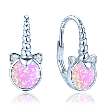 Náušnice Dětské stříbrné náušnice - jednorožci s růžovým opálem a čirými zirkony