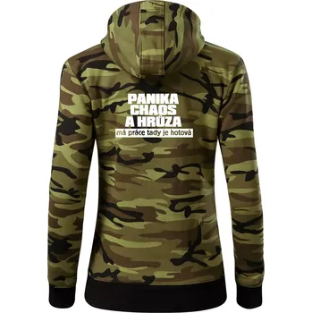 Dámská mikina Panika, chaos a hrůza - Dámská mikina trendy zipper s kapucí - 2XL ( Zelený maskáč )