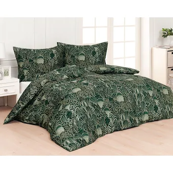 Povlečení Matějovský Livia listy tmavě zelené 140 x 200, 70 x 90 cm zipový uzávěr