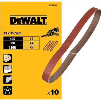 Brusný papír DT3607 DeWALT Brusné pásy 40G, 80G, 120G, 13x457mm, 10ks, pro prstovou brusku DCM200 (Brusný Pás pro Pásový Pilník 13mm x 457mm, Zrnitost 40, 80, 120)