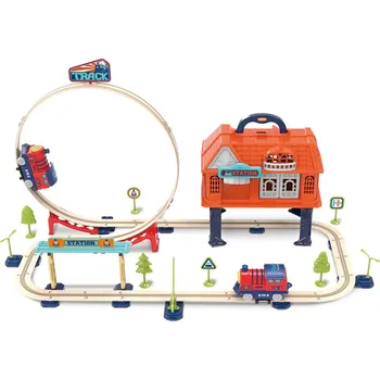 Dřevěná hračka Wiky vehicles Vlaková dráha v kufříku 69 dílků 67x36,5x36,5 cm