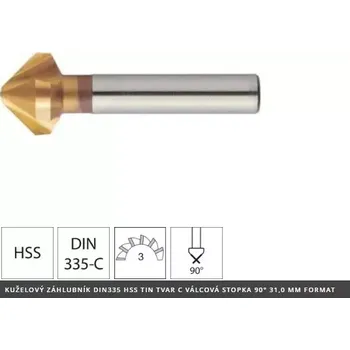 Výstružník Kuželový záhlubník DIN335 HSS TiN TVAR C válcová s topka 90° 4,3 mm FORMAT