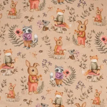 Žebrovaný úplet nude, králíčci s květy, š.130