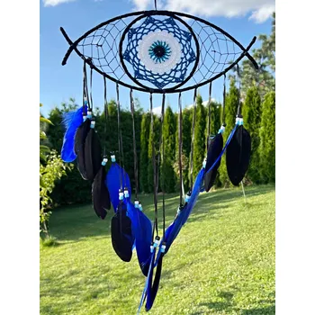 Lapač snů Magieprirody.cz Lapač snů – Oko ochrany s modrými pírky #ZB389