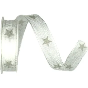 Stuha Vánoční stuha WHITE STARS SILVER stříbrná 15mm x 2m (9,-Kč/m) (Vánoční stuha bavlněná, bílá, oboustranná, potisk stříbrné glitrové hvězdy, s vlascem v lemu)