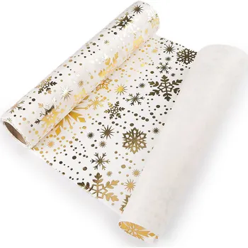 Vánoční velvet / samet k výrobě běhounů a dekorací - vločka, šíře 28 cm, barva 2 bílá zlatá