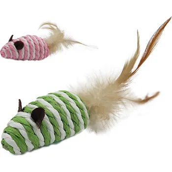 Hračka pro kočku UNIQ PETS myška z přírodního lana s peřím 7cm