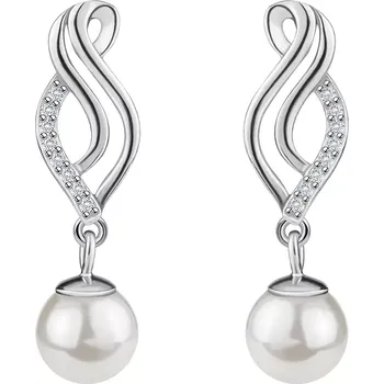 Náušnice Stříbrné náušnice 925, zvlněný obrys listu, bílá kulatá perla, puzetky