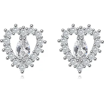 Náušnice Rhodiované stříbrné 925 náušnice - čirá kontura srdíčka, zirkonové zrnko čiré barvy