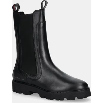 Dámská zimní obuv Kožené kotníkové boty Tommy Hilfiger TH LTHR MID CHELSEA dámské, černá barva, na plochém podpatku, FW0FW08770 99X, EUR 38